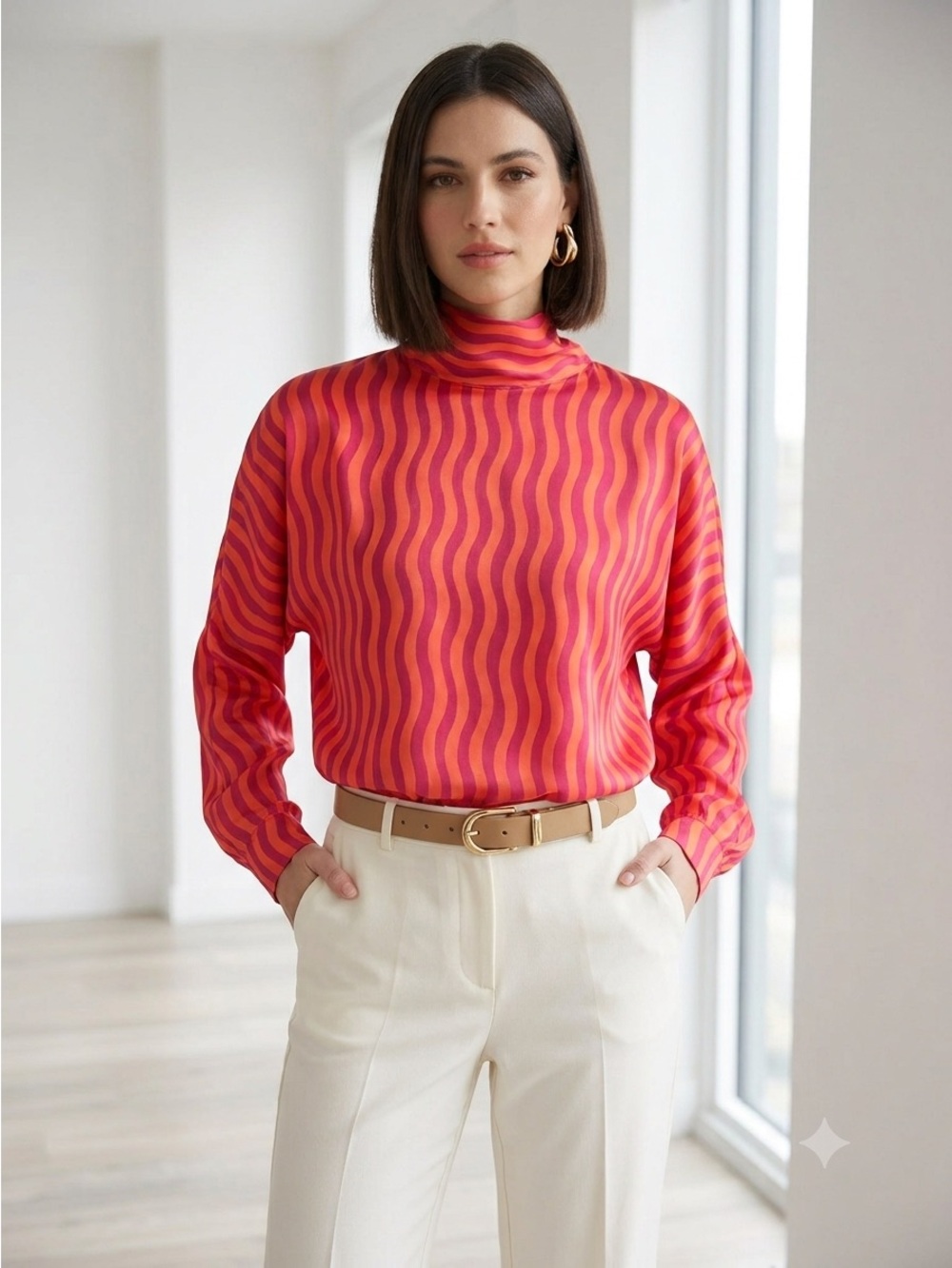Liviana Conti Pink & Orange Wavy Stripe Mock Neck Blouse - US 6 (IT 42)